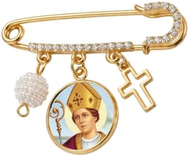 Saint Medal Catholic Prayer Pin Brooch, Gold-Tone Rhinestone Safety Pin with Cross Charm, White Pearl Bead Accent & English Prayer Card, Religious Faith Jewelry Gift