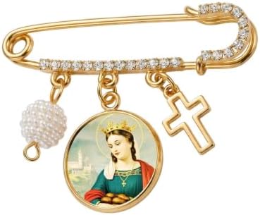 St. Elizabeth of Hungary Catholic Prayer Pin Brooch, Gold-Tone Rhinestone Safety Pin with Saint Medal, Cross Charm, Pearl Bead Accent & English Prayer Card, Religious Faith Jewelry Gift