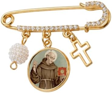 St. Bernardine of Siena Catholic Prayer Pin Brooch, Gold-Tone Rhinestone Safety Pin with Saint Medal, Cross Charm, White Beaded Accent and English Prayer Card, Religious Faith Jewelry Gift