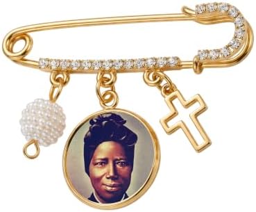 St. Josephine Bakhita Gold-Tone Safety Pin Brooch with Saint Medal, Cross Charm, Pearl Accent & Crystal Details, Catholic Religious Faith Pin, Inspirational Gift