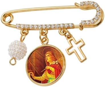 St. Philomena Catholic Prayer Pin Brooch, Gold-Tone Rhinestone Safety Pin with Saint Medal, Cross Charm, Pearl Bead Accent & English Prayer Card, Religious Faith Jewelry Gift
