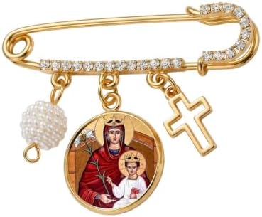 Our Lady of Walsingham Catholic Prayer Pin Brooch, Gold-Tone Rhinestone Safety Pin with Virgin Mary Medal, Cross Charm, White Pearl Bead Accent & English Prayer Card, Religious Faith Jewelry Gift