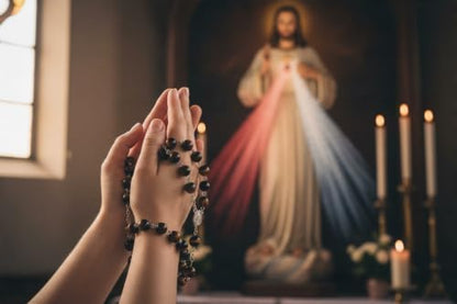 Saint Valentine Catholic Rosary with Natural Tiger Eye Beads, Silver Crucifix and Center Medal, English Prayer Card, Natural Stone Prayer Beads for Daily Prayer, Devotion & Gifting