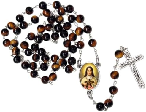 Santa Teresita del Niño Jesús Rosario Católico de Piedra Natural Tiger Eye, Cuentas de Oración con Crucifijo Plateado y Medalla Central, Cadena Resistente para Uso Diario y Regalos Religiosos