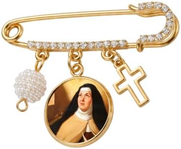 St. Teresa of Ávila Gold-Tone Safety Pin Brooch with Saint Medal, Cross Charm, Pearl Accent & Crystal Details, Catholic Religious Faith Pin, Inspirational Gift