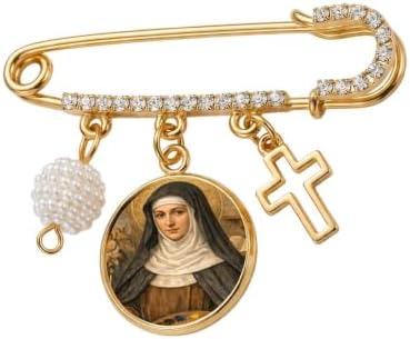 St. Catherine of Bologna Catholic Prayer Pin Brooch, Gold-Tone Rhinestone Safety Pin with Saint Medal, Cross Charm, Pearl Bead Accent & English Prayer Card, Religious Faith Jewelry Gift