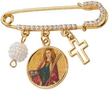 Broche Imperdible Dorado de Santa Águeda, Patrona del Cáncer de Mama, con Medalla de Santa, Cruz, Perla y Detalles de Cristal. Pin Religioso Inspirador de Fe