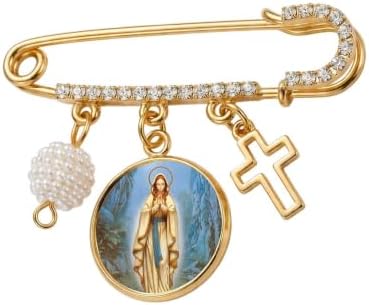 Our Lady of Lourdes Catholic Prayer Pin Brooch, Gold-Tone Rhinestone Safety Pin with Saint Medal, Cross Charm, White Pearl Bead Accent & English Prayer Card, Religious Faith Jewelry Gift