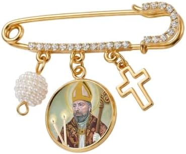 St. Blaise Catholic Prayer Pin Brooch, Gold-Tone Rhinestone Safety Pin with Saint Medal, Cross Charm, Pearl Bead Accent & English Prayer Card, Religious Faith Jewelry Gift