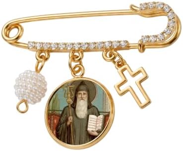 St. Benedict Gold-Tone Safety Pin Brooch with Saint Medal, Cross Charm, Pearl Accent & Crystal Details, Catholic Religious Faith Pin, Inspirational Gift