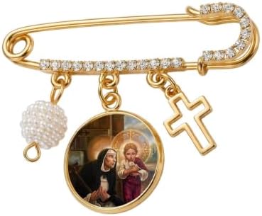 St. Margaret of Castello Catholic Prayer Pin Brooch, Gold-Tone Rhinestone Safety Pin with Saint Medal, Cross Charm, White Pearl Bead Accent & English Prayer Card, Religious Faith Jewelry Gift
