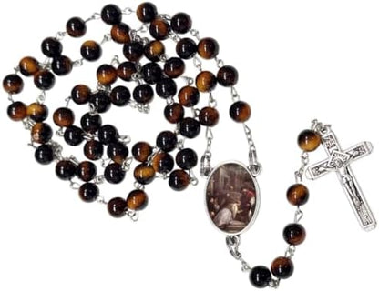 Saint Valentine Catholic Rosary with Natural Tiger Eye Beads, Silver Crucifix and Center Medal, English Prayer Card, Natural Stone Prayer Beads for Daily Prayer, Devotion & Gifting