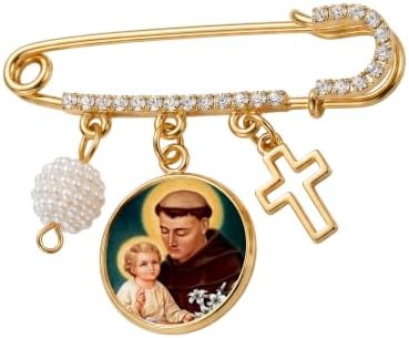 San Antonio Patrono de los Objetos Perdidos y del Amor Broche Imperdible Dorado con Medalla de Santo Cruz Dijes de Perla y Detalles de Cristal Pin Religioso Inspirador de Fe