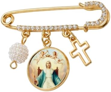 Queen of Angels Catholic Prayer Pin Brooch, Gold-Tone Rhinestone Safety Pin with Virgin Mary Medal, Cross Charm, White Pearl Bead Accent & English Prayer Card, Religious Faith Jewelry Gift