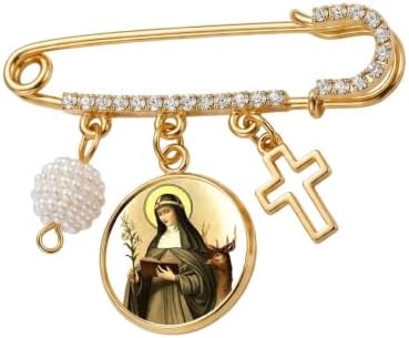 St. Catherine of Sweden Catholic Prayer Pin Brooch, Gold-Tone Rhinestone Safety Pin with Saint Medal, Cross Charm, Pearl Bead Accent & English Prayer Card, Religious Faith Jewelry Gift