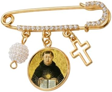 Santo Tomás de Aquino Patrono de los Estudiantes Broche Imperdible Dorado con Medalla de Santo Cruz Dijes de Perla y Detalles de Cristal Pin Religioso Inspirador de Fe