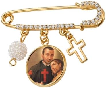 St. Camillus de Lellis Catholic Prayer Pin Brooch, Gold-Tone Rhinestone Safety Pin with Saint Medal, Cross Charm, Pearl Bead Accent & English Prayer Card, Religious Faith Jewelry Gift