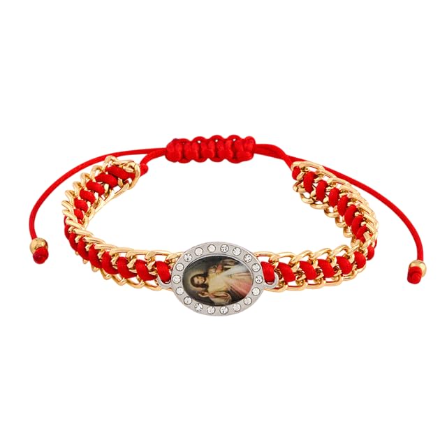 Divine Mercy Jesus I trust in You Religious Bracelet, Gold Chain with Red Cord, Crystal Rhinestone Medallion, Catholic Prayer Jewelry, Adjustable Braided Design, 7.5 Inches