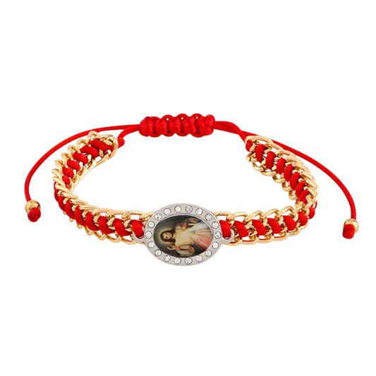 Divine Mercy Jesus I trust in You Religious Bracelet, Gold Chain with Red Cord, Crystal Rhinestone Medallion, Catholic Prayer Jewelry, Adjustable Braided Design, 7.5 Inches