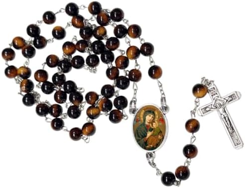 Our Mother of Perpetual Help Catholic Rosary with Natural Tiger Eye Beads, Silver Crucifix and Center Medal, English Prayer Card, Natural Stone Prayer Beads for Daily Prayer, Devotion & Gifting