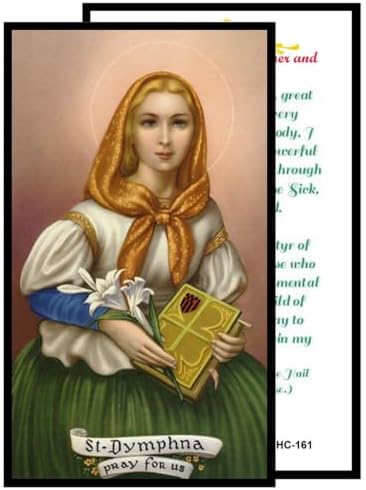 St. Dymphna Catholic Prayer Pin Brooch, Gold-Tone Rhinestone Safety Pin with Saint Medal, Cross Charm, Pearl Bead Accent & English Prayer Card, Religious Faith Jewelry Gift