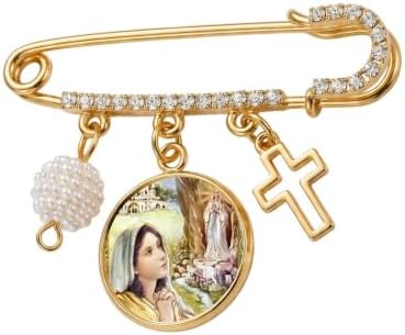 St. Bernadette Catholic Prayer Pin Brooch, Gold-Tone Rhinestone Safety Pin with Saint Medal, Cross Charm, Pearl Bead Accent & English Prayer Card, Religious Faith Jewelry Gift