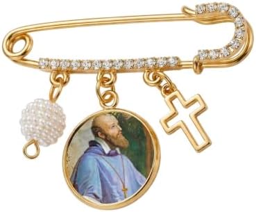 St. Francis de Sales Catholic Prayer Pin Brooch, Gold-Tone Rhinestone Safety Pin with Saint Medal, Cross Charm, White Pearl Bead Accent & English Prayer Card, Religious Faith Jewelry Gift