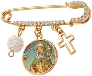 Saint Genevieve Catholic Prayer Pin Brooch, Gold-Tone Rhinestone Safety Pin with Saint Medal, Cross Charm, White Pearl Bead Accent & English Prayer Card, Religious Faith Jewelry Gift