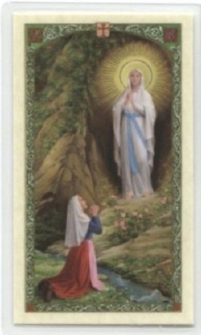 Our Lady of Lourdes Virgen de Lourdes Red Round Beads Rosary with Bronze findings and crucifix Bezel centerpiece with color image Includes prayer card Imported from Italy