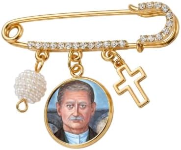 St. Matt Talbot Catholic Prayer Pin Brooch, Gold-Tone Rhinestone Safety Pin with Saint Medal, Cross Charm, White Pearl Bead Accent & English Prayer Card, Religious Faith Jewelry Gift