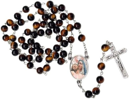 Our Lady of Sorrows Catholic Rosary with Natural Tiger Eye Beads, Silver Crucifix and Center Medal, English Prayer Card, Natural Stone Prayer Beads for Daily Prayer, Devotion & Gifting