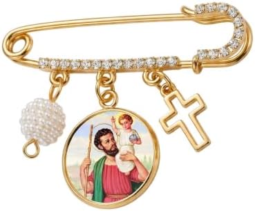 St. Christopher Catholic Prayer Pin Brooch, Gold-Tone Rhinestone Safety Pin with Saint Medal, Cross Charm, Pearl Bead Accent & English Prayer Card, Religious Faith Jewelry Gift