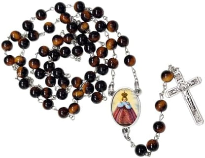 Infant Jesus of Prague Catholic Rosary with Natural Tiger Eye Beads, Silver Crucifix and Center Medal, English Prayer Card, Natural Stone Prayer Beads for Daily Prayer, Devotion & Gifting