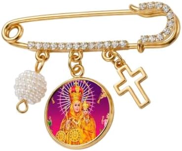 Our Lady of Vailankanni Catholic Prayer Pin Brooch, Gold-Tone Rhinestone Safety Pin with Virgin Mary Medal, Cross Charm, White Pearl Bead Accent & English Prayer Card, Religious Faith Jewelry Gift