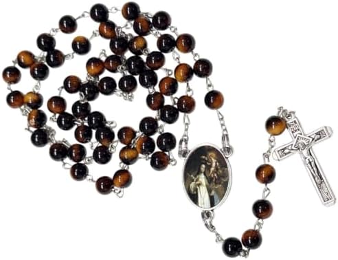 Santa Rosa de Lima Rosario Católico de Piedra Natural Tiger Eye, Cuentas de Oración con Crucifijo Plateado y Medalla Central, Cadena Resistente para Uso Diario y Regalos Religiosos