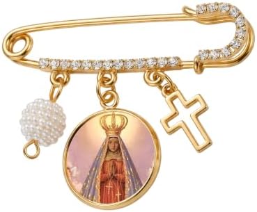 Nossa Senhora Aparecida Gold-Tone Saint Medal Safety Pin Brooch with Cross Charm, Pearl Accent & Crystal Details – Religious Faith Pin for Baptism, Christening, First Communion, Everyday Wear