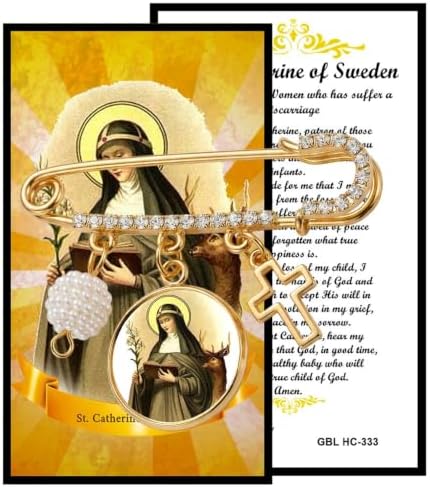 St. Catherine of Sweden Catholic Prayer Pin Brooch, Gold-Tone Rhinestone Safety Pin with Saint Medal, Cross Charm, Pearl Bead Accent & English Prayer Card, Religious Faith Jewelry Gift