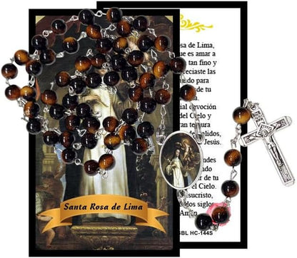 Santa Rosa de Lima Rosario Católico de Piedra Natural Tiger Eye, Cuentas de Oración con Crucifijo Plateado y Medalla Central, Cadena Resistente para Uso Diario y Regalos Religiosos