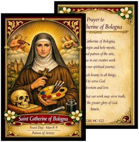 St. Catherine of Bologna Catholic Prayer Pin Brooch, Gold-Tone Rhinestone Safety Pin with Saint Medal, Cross Charm, Pearl Bead Accent & English Prayer Card, Religious Faith Jewelry Gift