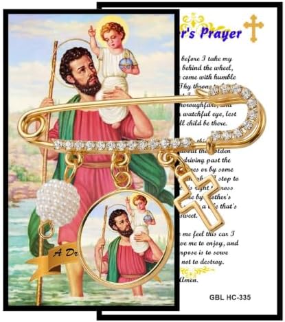 St. Christopher Catholic Prayer Pin Brooch, Gold-Tone Rhinestone Safety Pin with Saint Medal, Cross Charm, Pearl Bead Accent & English Prayer Card, Religious Faith Jewelry Gift