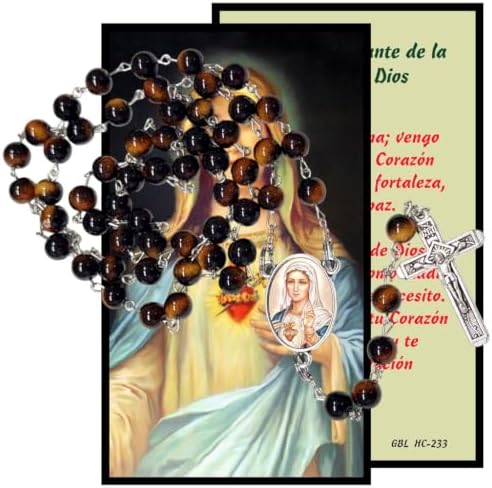 Inmaculado Corazón de María Rosario Católico de Piedra Natural Tiger Eye, Cuentas de Oración con Crucifijo Plateado y Medalla Central, Cadena Resistente para Uso Diario y Regalos Religiosos