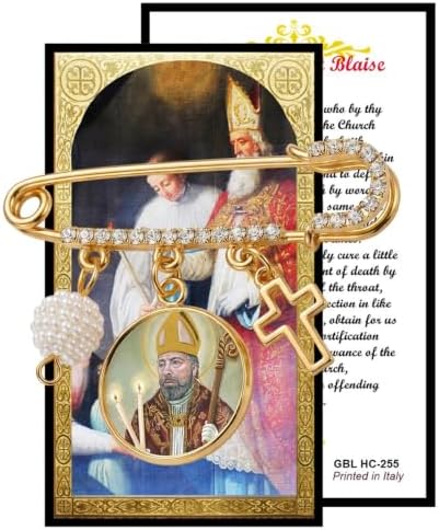 St. Blaise Catholic Prayer Pin Brooch, Gold-Tone Rhinestone Safety Pin with Saint Medal, Cross Charm, Pearl Bead Accent & English Prayer Card, Religious Faith Jewelry Gift