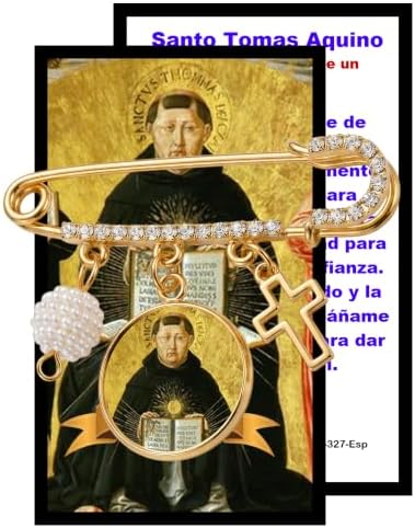 Santo Tomás de Aquino Patrono de los Estudiantes Broche Imperdible Dorado con Medalla de Santo Cruz Dijes de Perla y Detalles de Cristal Pin Religioso Inspirador de Fe