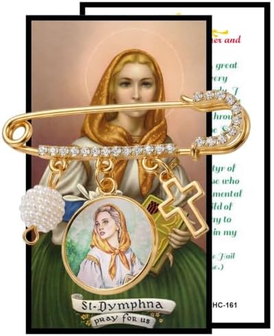 St. Dymphna Catholic Prayer Pin Brooch, Gold-Tone Rhinestone Safety Pin with Saint Medal, Cross Charm, Pearl Bead Accent & English Prayer Card, Religious Faith Jewelry Gift