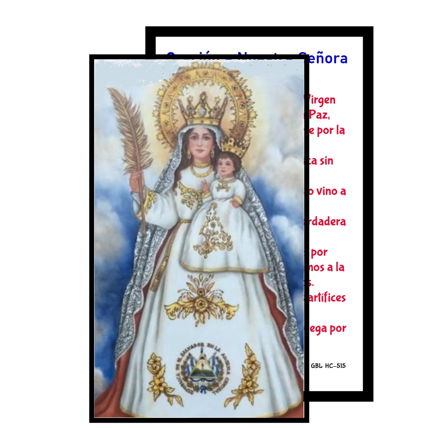 Nuestra Senora de la Paz Patrona del Salvador  con Cuentas de Cuarzo de Fuego 10mm Crucifijo Chapado en Oro Centro con Imagen a Color Incluye Tarjeta de Oracion