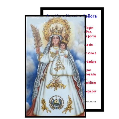 Nuestra Senora de la Paz Patrona del Salvador  con Cuentas de Cuarzo de Fuego 10mm Crucifijo Chapado en Oro Centro con Imagen a Color Incluye Tarjeta de Oracion