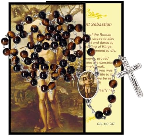 Saint Sebastian Catholic Rosary with Natural Tiger Eye Beads, Silver Crucifix and Center Medal, English Prayer Card, Natural Stone Prayer Beads for Daily Prayer, Devotion & Gifting