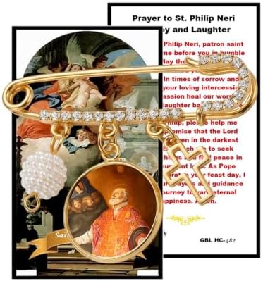 St. Philip Neri Catholic Prayer Pin Brooch, Gold-Tone Rhinestone Safety Pin with Saint Medal, Cross Charm, White Pearl Bead Accent & English Prayer Card, Religious Faith Jewelry Gift