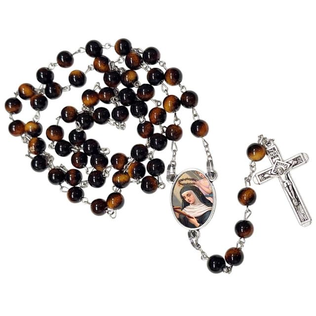 Santa Rita de Casia Rosario Católico de Piedra Natural Tiger Eye, Cuentas de Oración con Crucifijo Plateado y Medalla Central, Cadena Resistente para Uso Diario y Regalos Religiosos