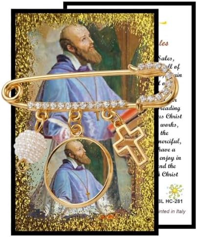St. Francis de Sales Catholic Prayer Pin Brooch, Gold-Tone Rhinestone Safety Pin with Saint Medal, Cross Charm, White Pearl Bead Accent & English Prayer Card, Religious Faith Jewelry Gift